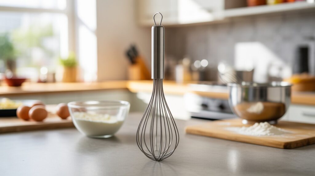 A stainless steel balloon whisk standing upright on a kitchen counter with bowls, eggs, and flour in the background, showcasing the best whisk for cooking.