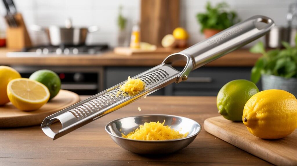 A stainless steel citrus zester, known as the best zester for kitchen use, zesting fresh lemon peel into a small bowl on a wooden countertop with lemons and limes in the background.