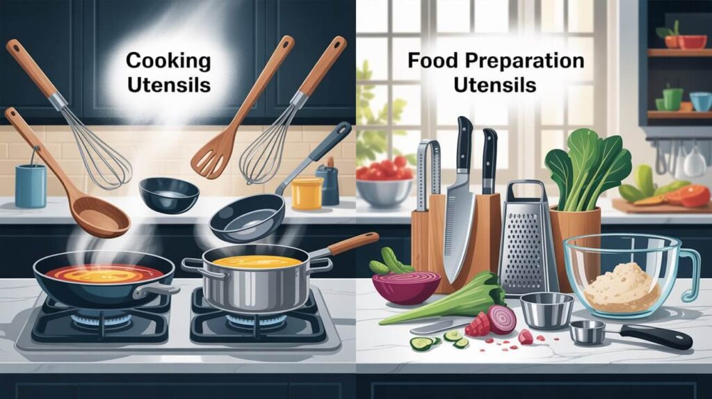 A split kitchen illustration showing pots, pans, ladles, and whisks on one side and knives, graters, measuring cups, and bowls on the other, clearly comparing cooking utensils vs food preparation utensils in a modern kitchen setting.