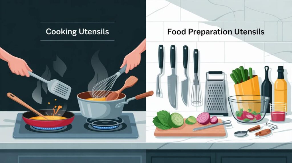 Illustration showing cooking utensils like spatula, whisk, and pan used on a stovetop on one side and food preparation utensils such as knives, grater, cutting board, and mixing bowl arranged on a kitchen counter on the other side.