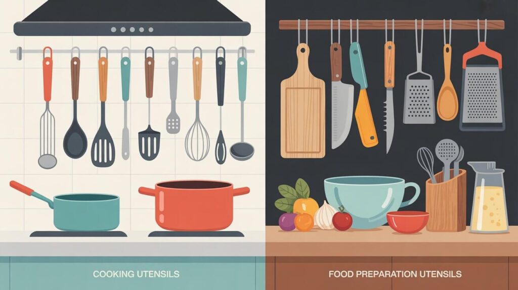 Side-by-side illustration of cooking utensils like spatulas, ladles, whisks, and pots hanging above a stove compared with food preparation utensils such as knives, graters, cutting boards, bowls, and measuring tools arranged on a countertop.