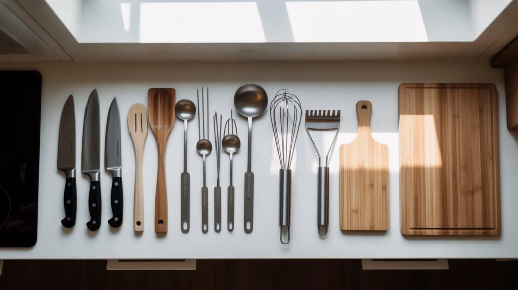 A top-down view of neatly arranged food preparation utensils including knives, spoons, whisks, ladles, and wooden cutting boards on a bright kitchen countertop.