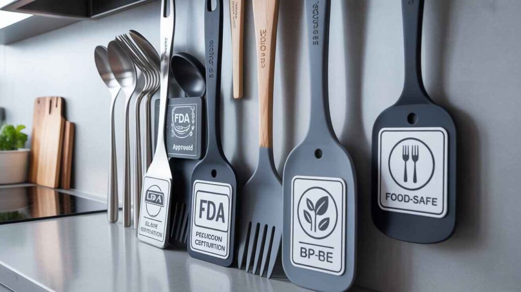 Food safe kitchen utensils showing FDA approved, LFGB certified, BPA-free labels and food-safe symbol on silicone and stainless steel tools.