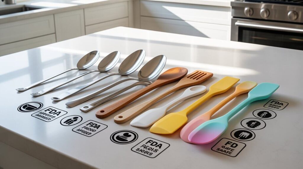 A neatly arranged set of stainless steel, wooden, and silicone kitchen utensils on a bright countertop with FDA-safe icons, demonstrating how to identify food safe utensils through material quality and certification symbols.