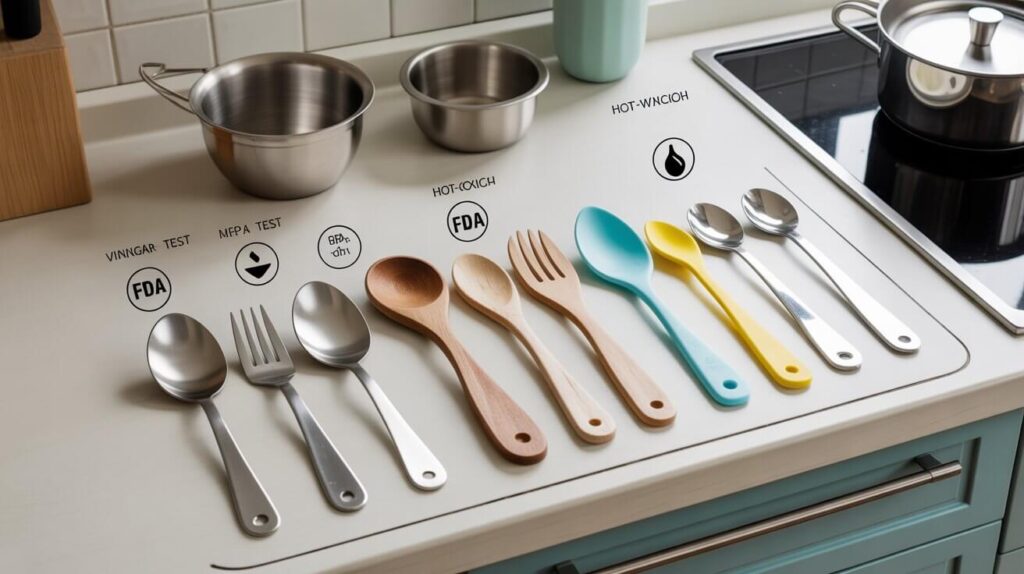 A kitchen countertop displaying stainless steel, wooden, silicone, and plastic utensils arranged for food safety tests including vinegar test, hot-water test, BPA check, and FDA safety labels.