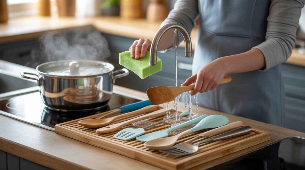 Person washing and sanitizing kitchen utensils with wooden spoons, silicone spatulas, and stainless steel tools in a clean kitchen.