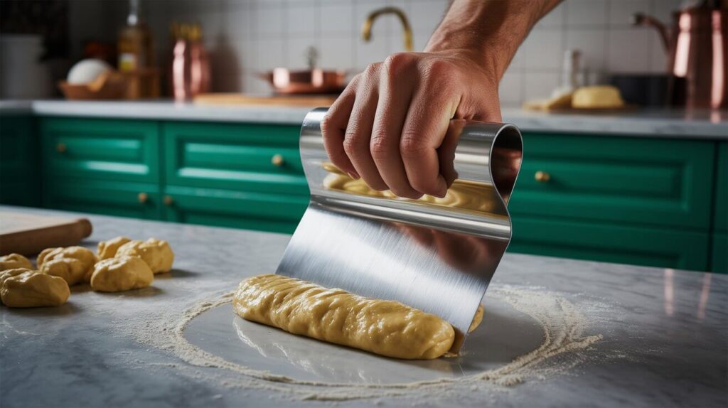 A stainless steel affordable dough scraper for kitchen use pressing and shaping fresh dough on a floured countertop in a modern home kitchen.