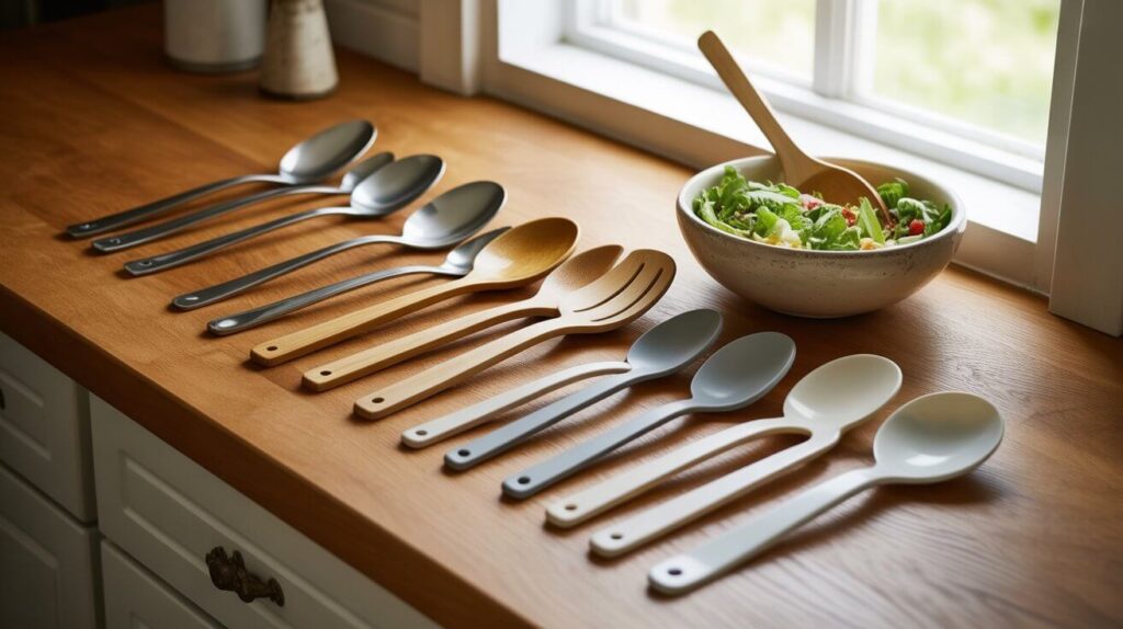 A neatly arranged collection of affordable serving spoons made of wood, silicone, and stainless steel displayed on a kitchen countertop near a salad bowl.