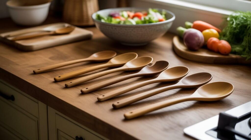 Row of affordable wooden serving spoons neatly arranged on a wooden kitchen counter beside fresh vegetables and a salad bowl.