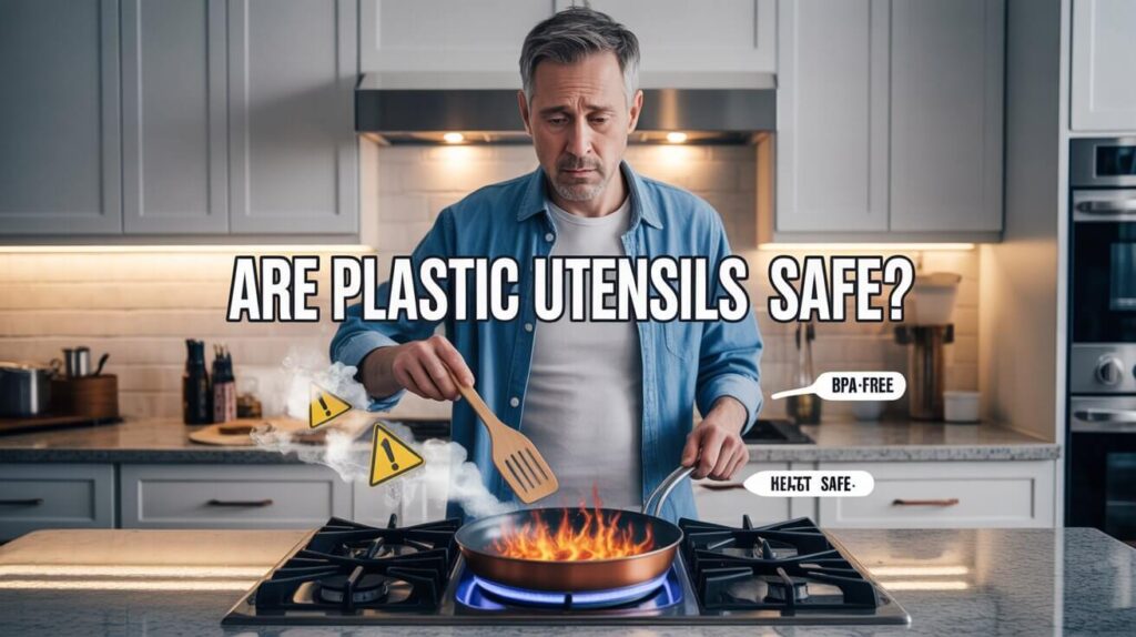 A man cooking on a stove while questioning are plastic utensils safe when exposed to high heat in the kitchen.