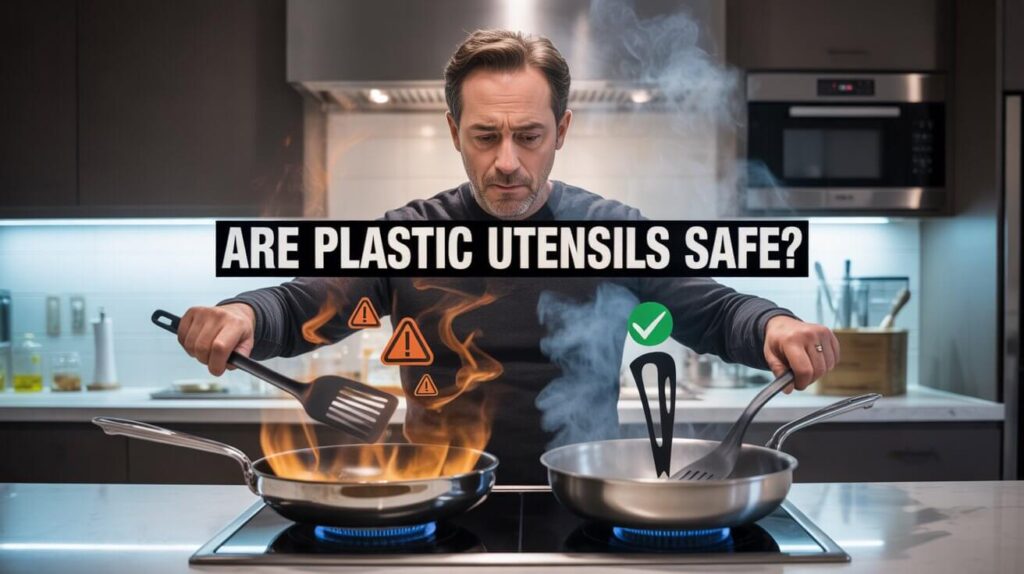 A man comparing plastic utensils on a hot pan to show are plastic utensils safe or unsafe during cooking.