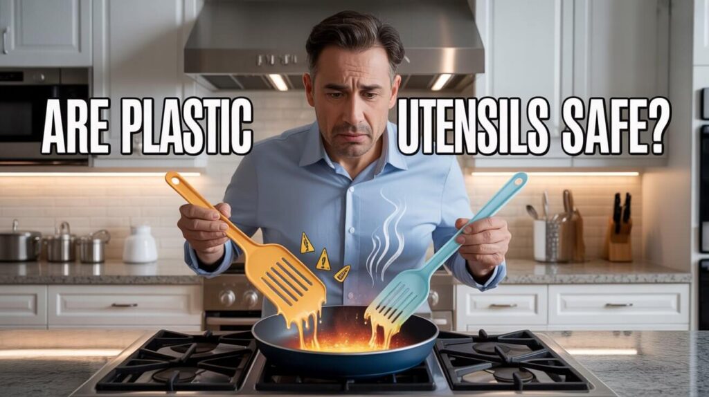 A man holding two plastic spatulas melting over a hot pan to show are plastic utensils safe for cooking.