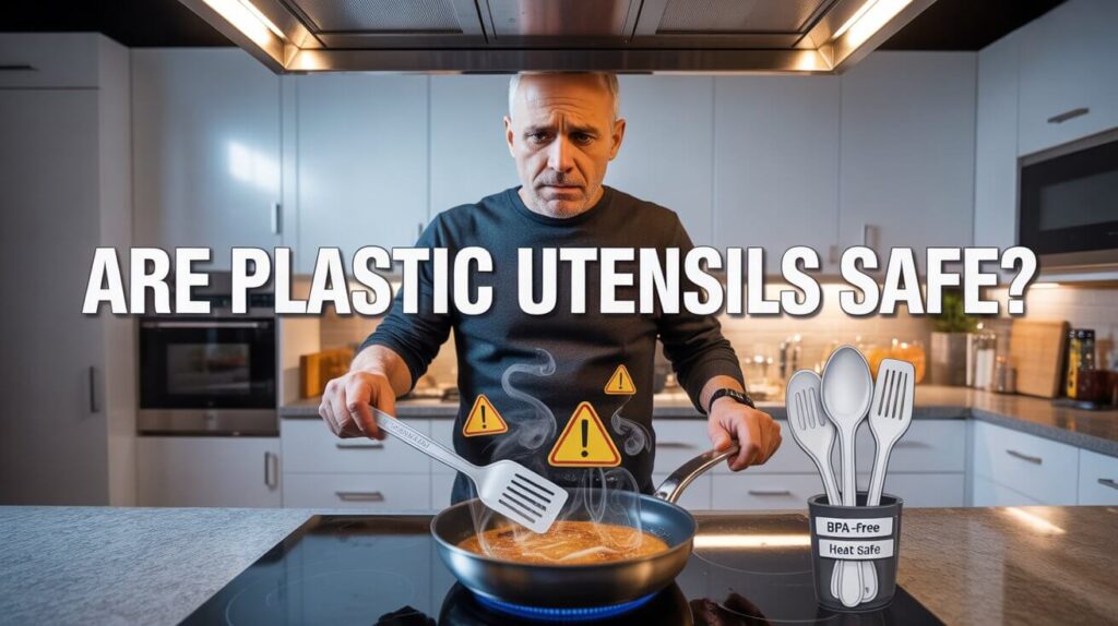 A man cooking on a stovetop while questioning are plastic utensils unsafe or safe as warning signs appear from heat exposure.