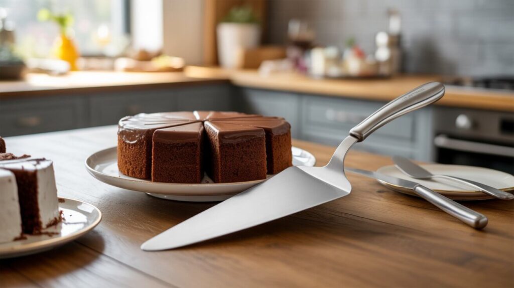 A stainless steel cake server placed beside a sliced chocolate cake on a kitchen table, showcasing the best cake server for neat and effortless dessert serving.