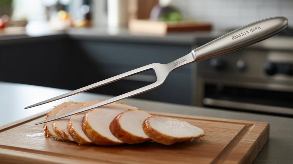 A stainless steel two-prong carving fork holding sliced roast meat on a wooden board, showcasing the best carving fork for precise serving.