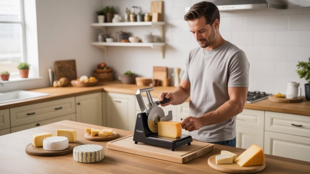 A man slicing a block of cheese with a manual cutter on a wooden board, showing how the best cheese slicers create clean and even slices at home.