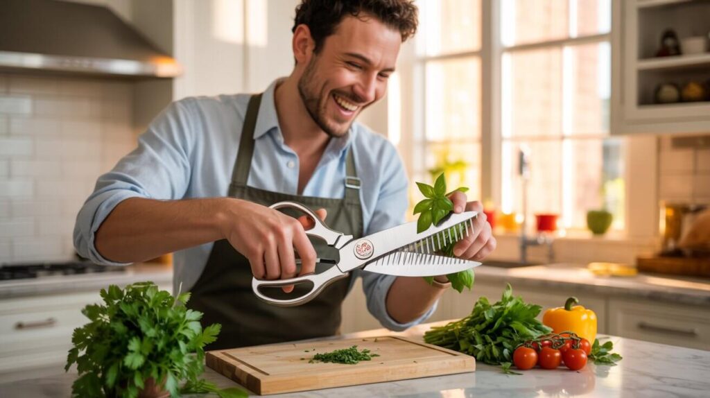 A smiling home cook cutting fresh basil on a wooden board using the best kitchen herb scissors, surrounded by herbs and vegetables in a bright modern kitchen.