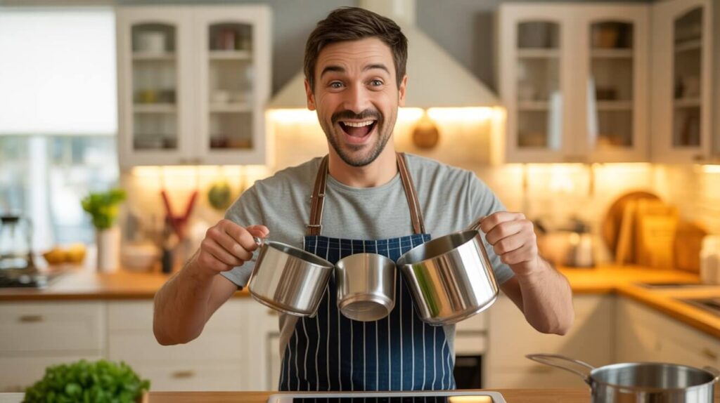 A cheerful man holding stainless steel measuring cups in a modern kitchen, showcasing the best measuring cups for kitchen cooking and baking tasks.