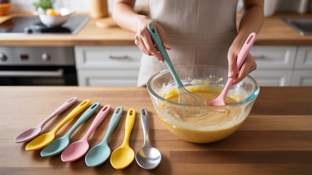 A baker using the best mixing spoon for kitchen tasks while stirring smooth batter in a glass bowl, with colorful silicone spoons arranged neatly on a wooden countertop.
