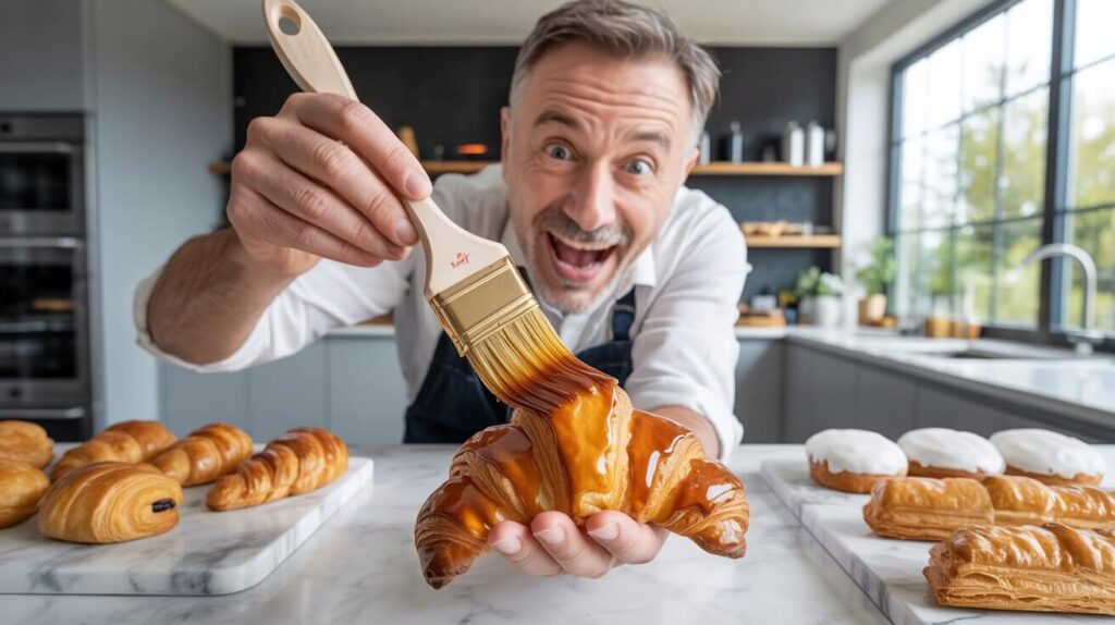 Professional baker brushing glaze on a fresh croissant using the best pastry brush in a modern kitchen bakery setup.