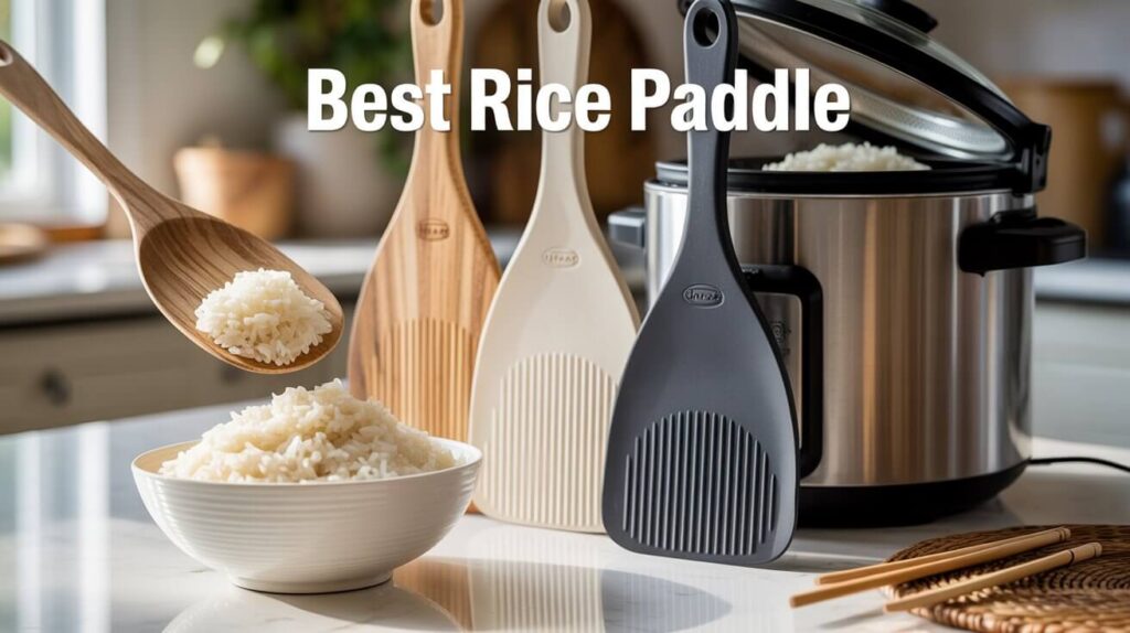 Best rice paddle set showing wooden, plastic, and silicone rice paddles serving freshly cooked rice beside a rice cooker.