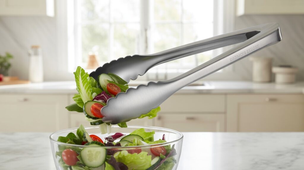 Stainless steel salad tongs lifting fresh vegetables from a glass bowl, demonstrating the Best Salad Tongs for easy and clean serving.