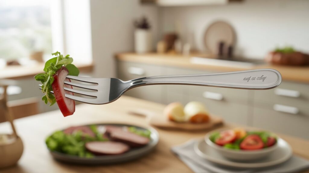 A stainless steel Best serving fork holding fresh salad ingredients in a modern kitchen setting.