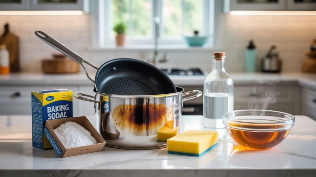 Burnt stainless steel pot with baking soda, vinegar, water, and sponge arranged to demonstrate an effective cookware cleaning method.
