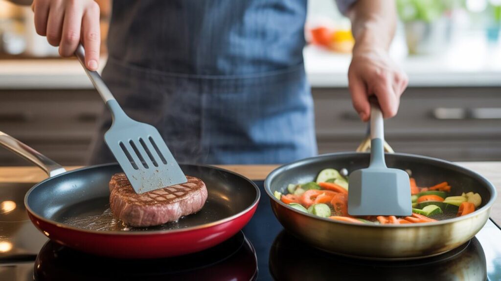 Chef using silicone and metal spatulas on separate pans during high-heat cooking, clearly showing High-Heat Cooking Silicone vs Metal performance and utensil control.
