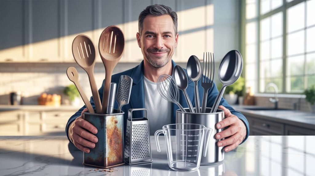 A smiling man holding wooden and stainless steel kitchen utensils in containers on a countertop, showing how often to replace kitchen utensils for hygiene, safety, and better cooking performance.
