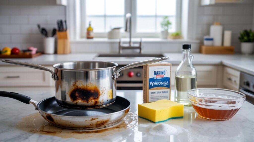 Demonstration of how to clean burnt pots and pans using baking soda, vinegar, dish soap, and a sponge in a modern kitchen setting