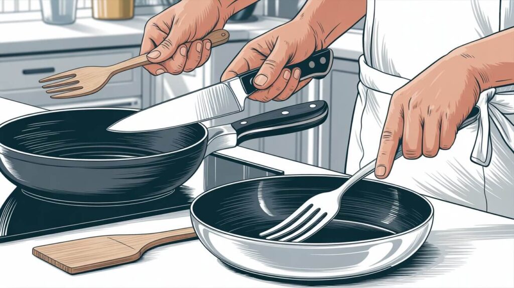 Illustration showing a cook demonstrating how to hold utensils the correct way, using a knife, fork, and pan safely for proper control and comfort in the kitchen.