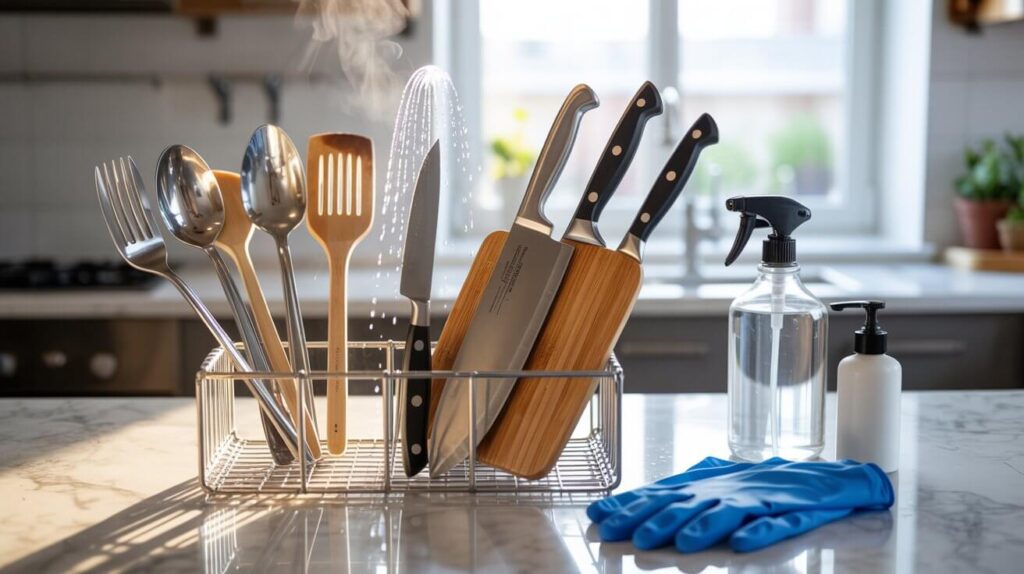 Freshly washed kitchen knives, spoons, and spatulas drying in a rack with water spray, demonstrating how to sanitize kitchen utensils safely on a clean countertop.