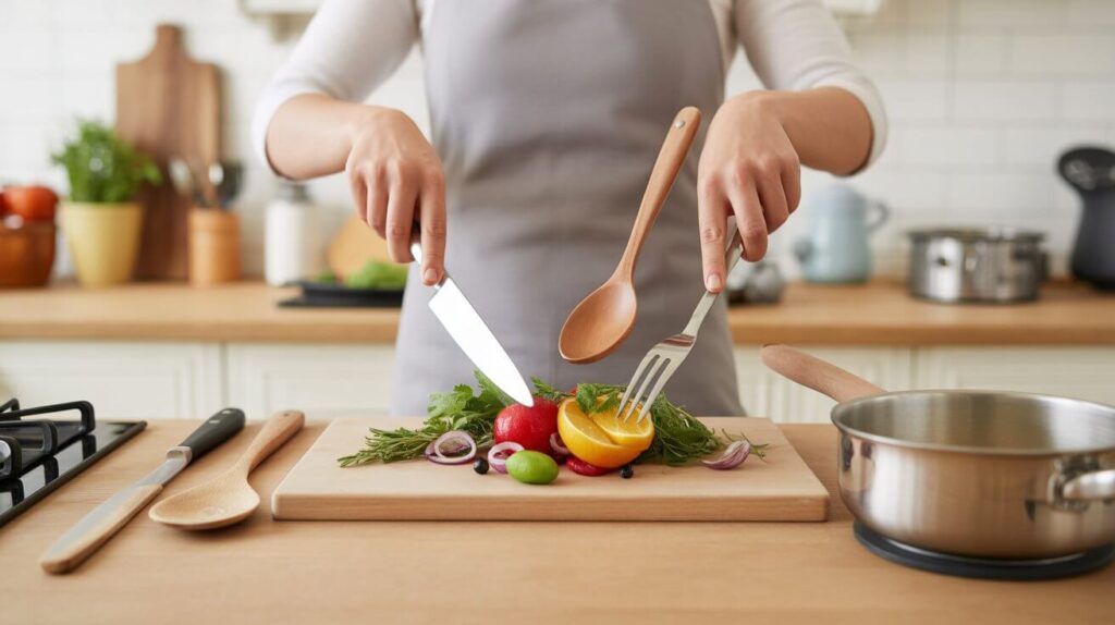 Person demonstrating how to use kitchen utensils properly by cutting fresh vegetables on a wooden chopping board using a knife, fork, and wooden spoon in a home kitchen.