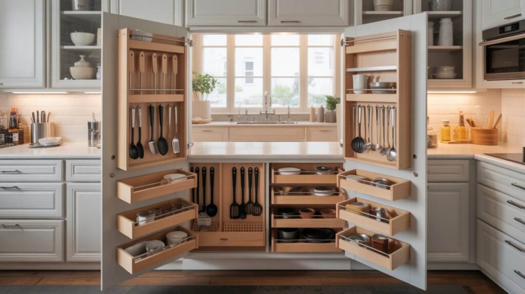 A modern kitchen cabinet showcasing inside cabinet and door storage hacks, storage solutions for utensils with pull-out drawers, hanging tools, and neatly arranged cookware.