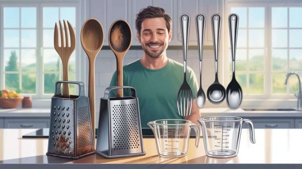 Wooden and stainless steel kitchen utensils displayed with graters and measuring cups on a countertop, showing a clear comparison of old vs replace utensil in a modern home kitchen.