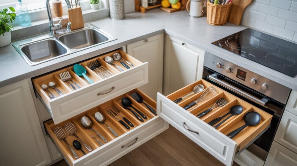 A modern kitchen drawer showing kitchen utensils organization, decluttering and sorting with neatly arranged spoons, forks, ladles, and whisks in wooden dividers.