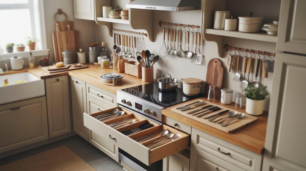 Modern kitchen interior showcasing wooden countertops, hanging tools, open drawers, and smart kitchen utensils organization ideas for a clean and functional cooking space.