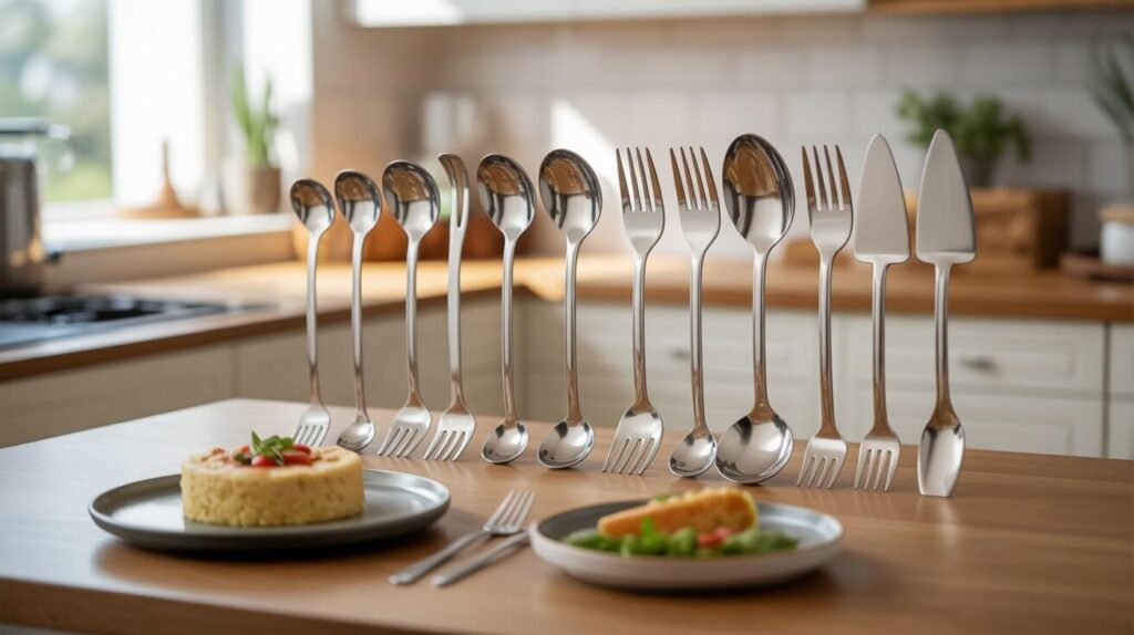 A clean kitchen countertop displaying polished stainless steel Serving Utensils, including spoons, forks, and cake servers arranged neatly for table use.