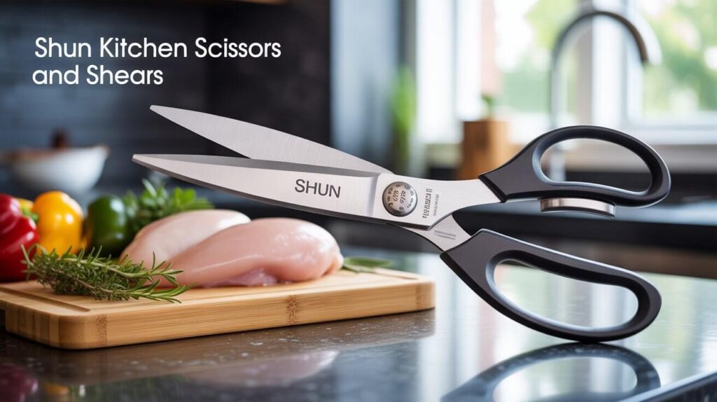 Close-up of premium shun kitchen scissors and shears resting on a kitchen counter beside fresh chicken, herbs, and vegetables in a modern kitchen setting.