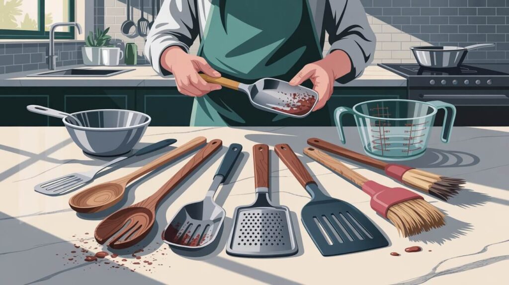 A person inspecting used kitchen tools on a countertop, showing worn wooden spoons, scratched spatulas, and stained brushes—clear signs your kitchen utensils need replacement for safe and hygienic cooking.