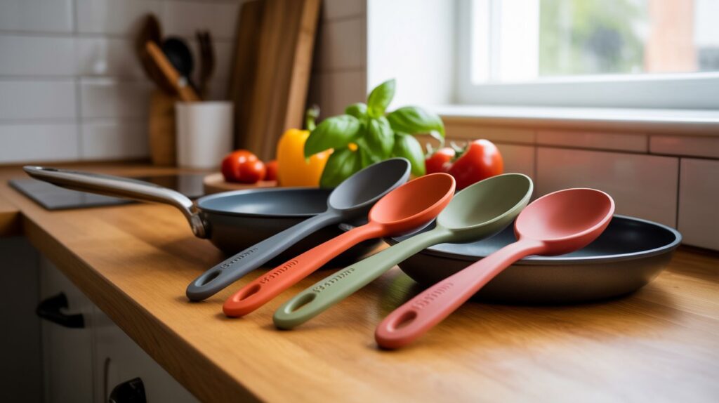 Set of pastel-colored Silicone Serving Spoons resting on nonstick pans on a wooden countertop in a bright modern kitchen.