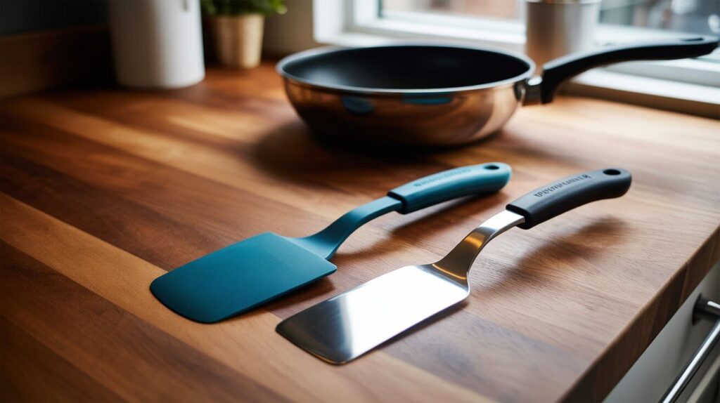 Silicone vs metal spatula comparison showing two spatulas on a wooden kitchen counter beside a frying pan.
