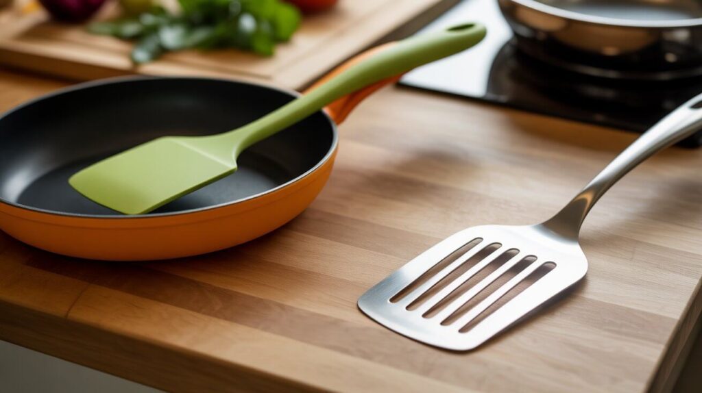 Silicone and metal spatula placed beside a non-stick pan, showing the silicone vs metal spatula key difference in flexibility, heat resistance, and cookware safety.