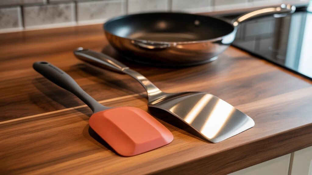 Silicone vs metal spatula placed on a wooden kitchen counter beside a frying pan for cooking and flipping food.