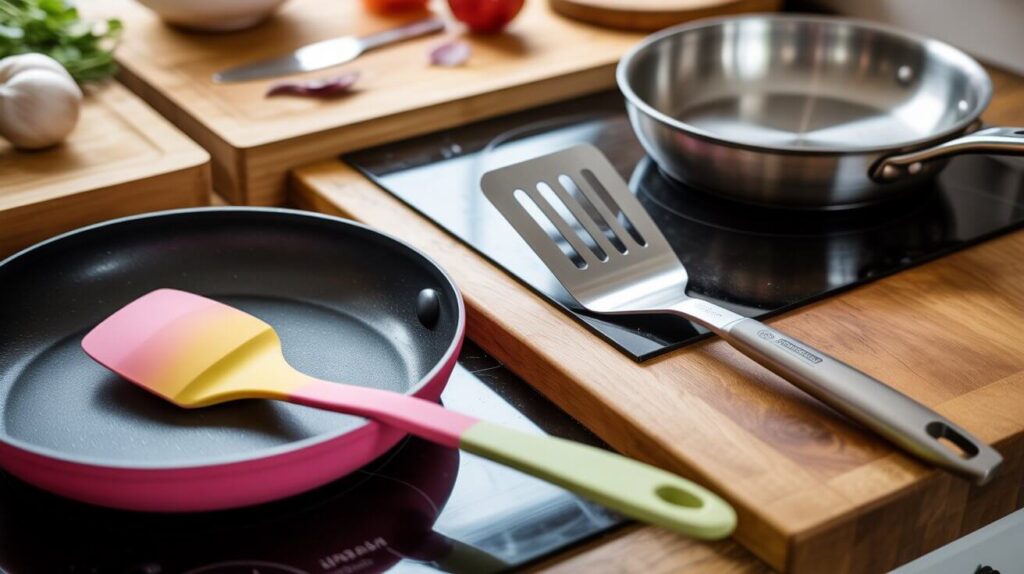 Silicone and metal spatula placed on non-stick and stainless steel pans, showing the silicone vs metal spatula differences in cooking and utensil safety.