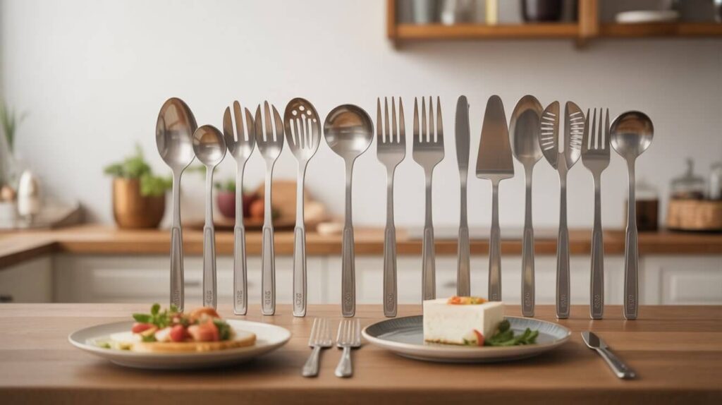A modern countertop display of stainless steel kitchen Serving Utensils, including spoons, forks, ladles, and servers arranged neatly in a bright home kitchen.