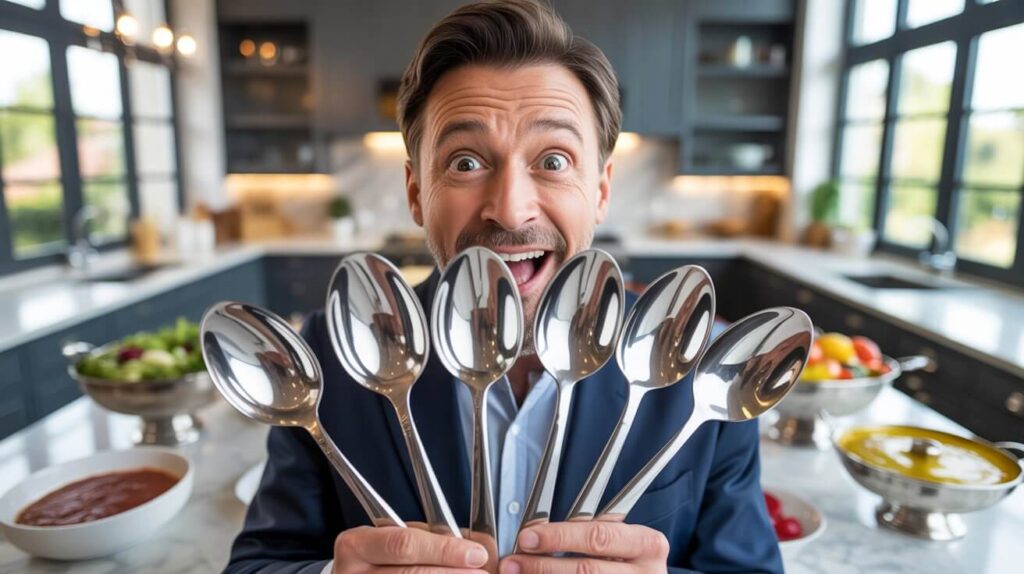 A cheerful man in a modern kitchen holding a fan of stainless steel serving spoons, showcasing their polished finish and durable design.