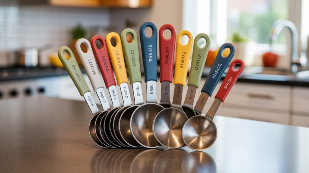 A colorful stainless steel top measuring spoons set neatly arranged on a kitchen countertop, ideal for precise ingredient measurement in everyday cooking.