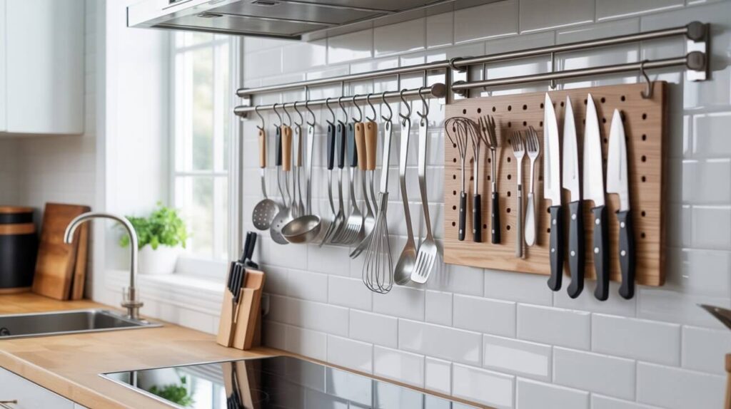 A clean modern kitchen featuring vertical space and wall storage solutions with hanging cooking utensils, knives, and wooden racks mounted above the countertop.